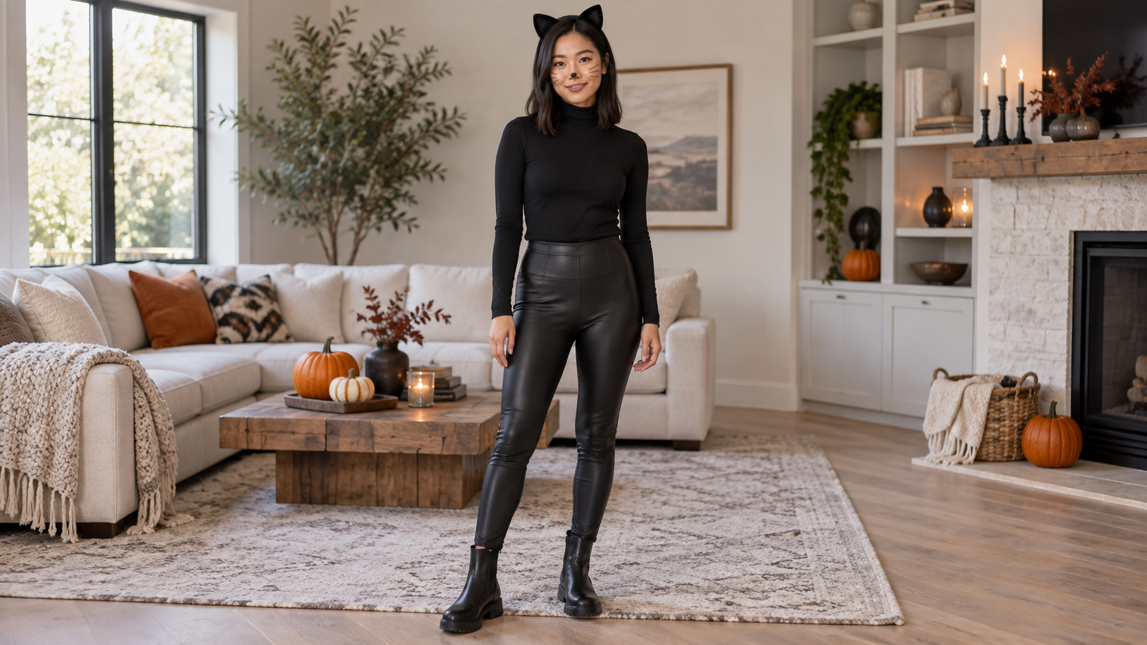 Black Cat Costume with Turtleneck Coated Leggings and Cat Ear Headband